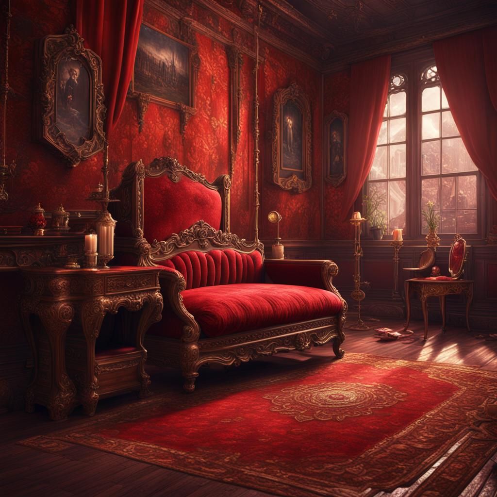 Abandoned Red Boudoir: Detailed Matte Painting in 8k