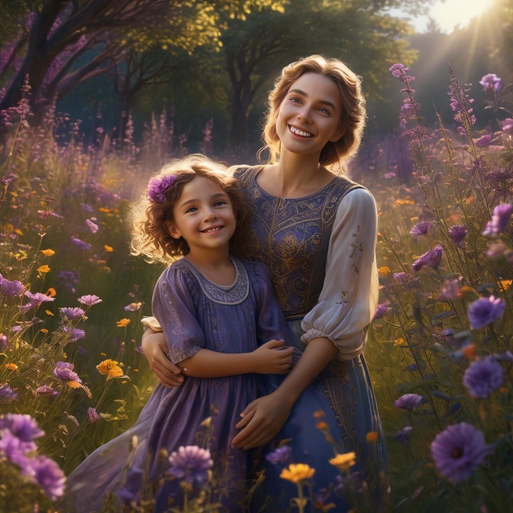 Happy Woman and Child in Sun-Drenched Meadow