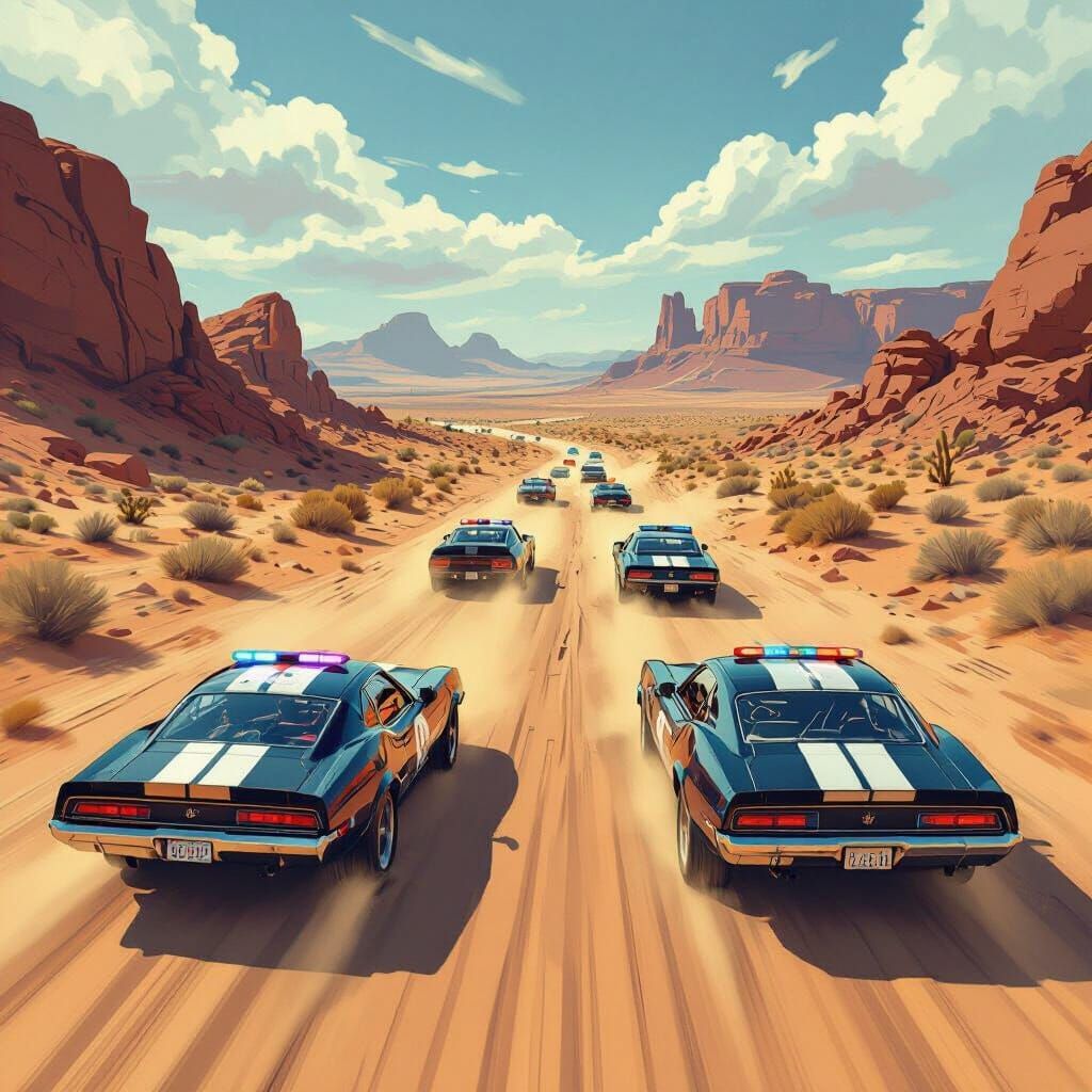 High-Speed Desert Car Chase in Illustrative Style