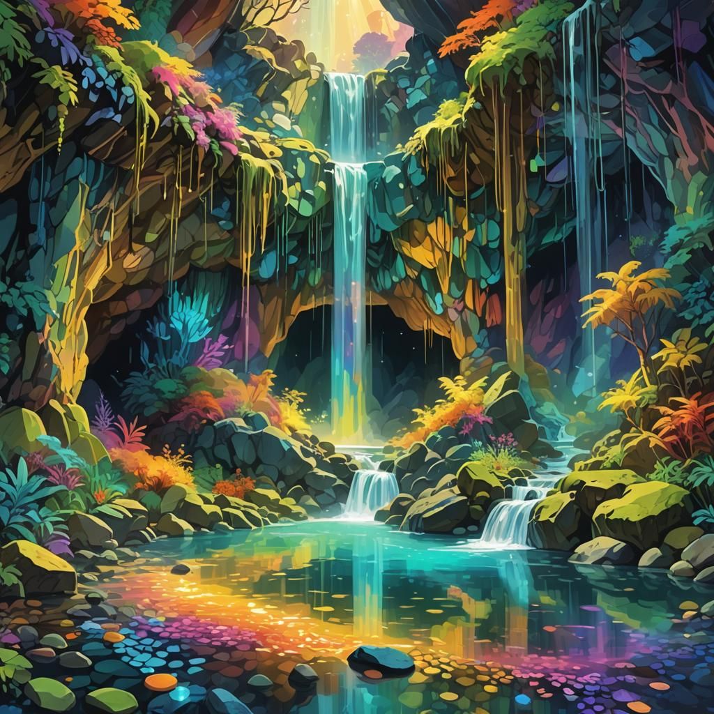 Crystal Cave Waterfall in Fauvist Color Palette