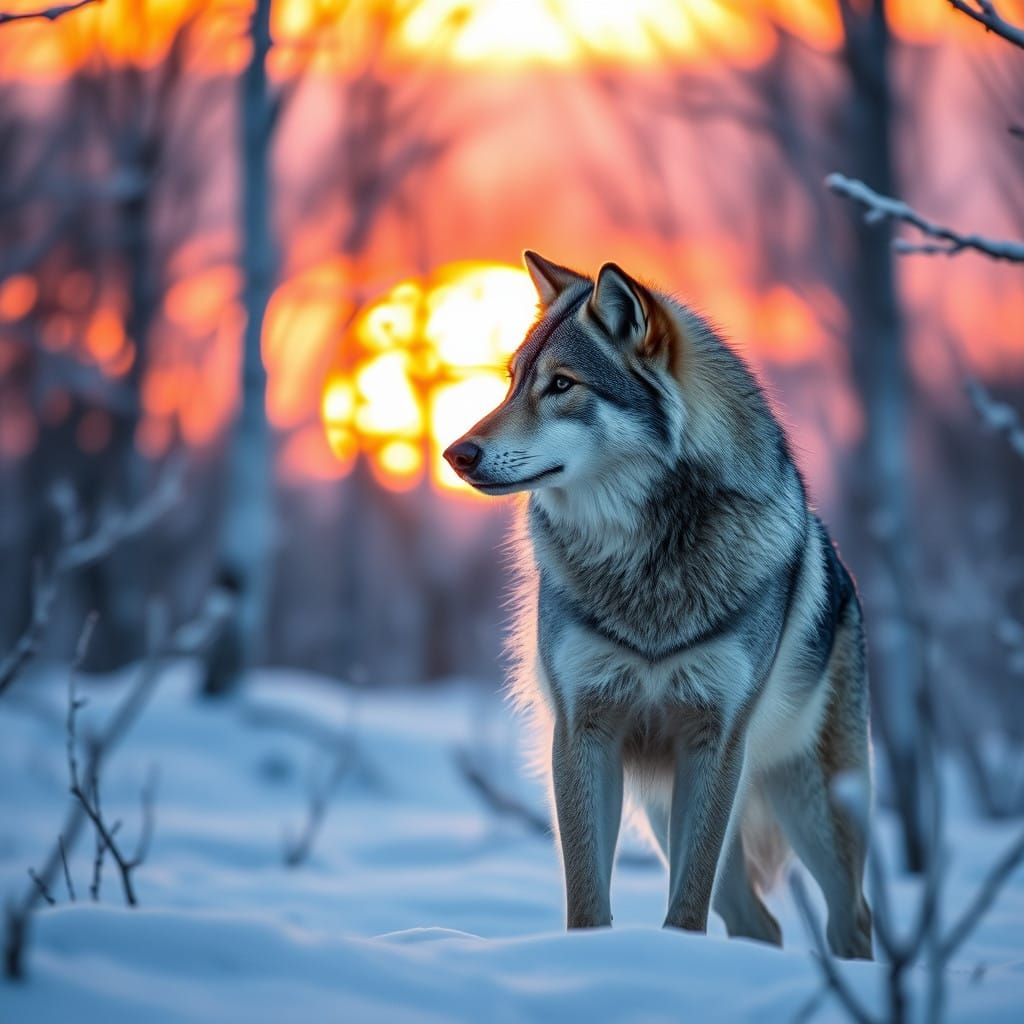 Grey Wolf in Snowy Forest at Sunset