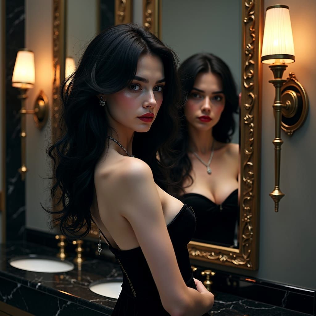 Gothic Snow White in Modern Bathroom, Fantasy Art