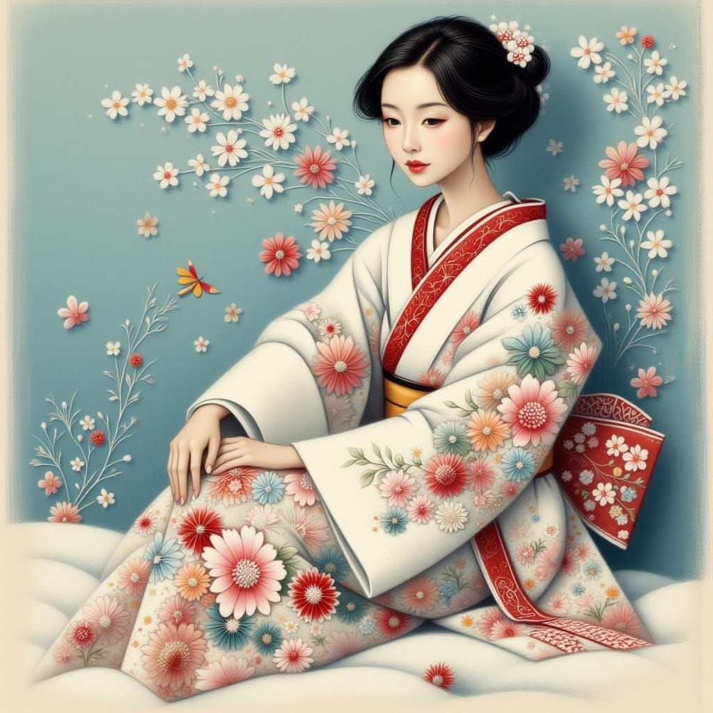 Japanese Woman in Yukata with Snowy Fuji