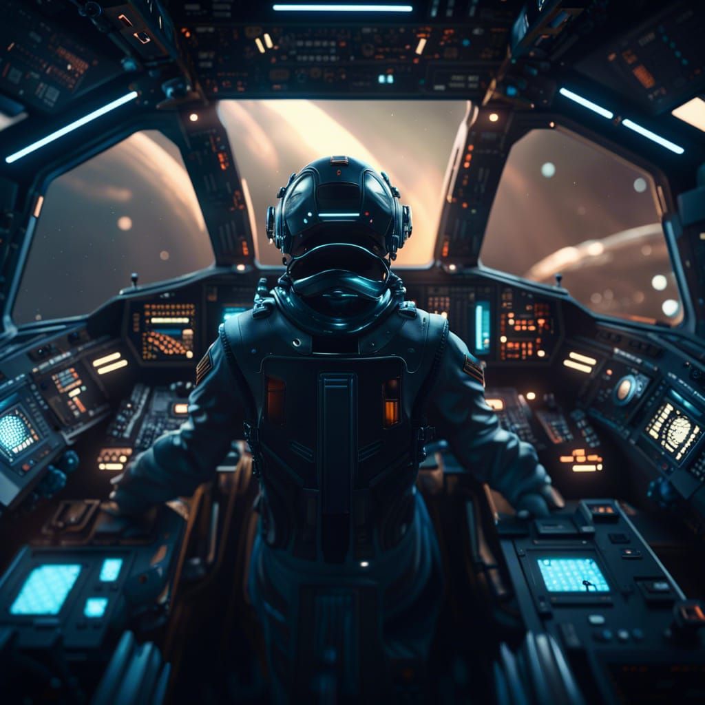 Hyperrealistic Pilot in Spaceship with AI Robot