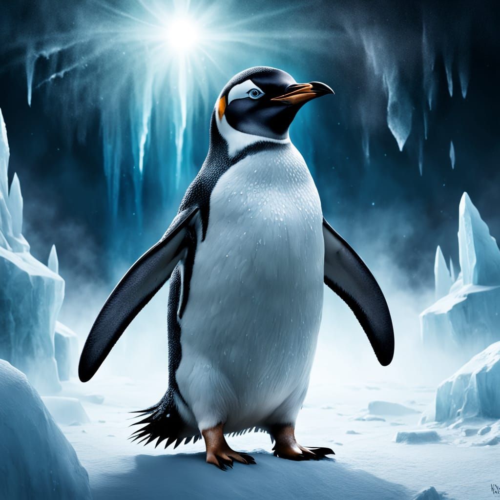 Winterfell's Enigmatic Penguin in a Glimmering Ice Landscape