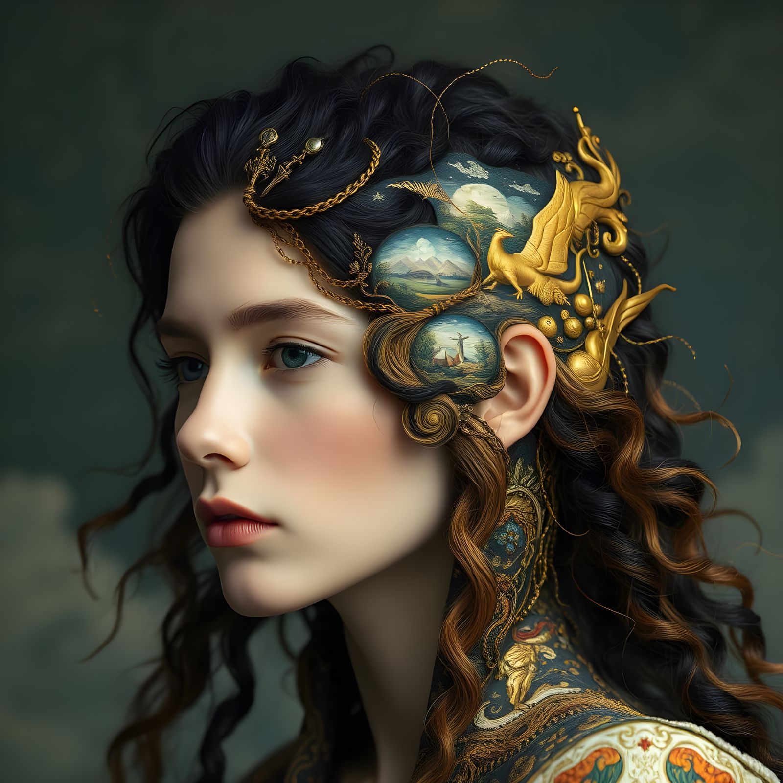 Portrait of a Person with a Golden Tapestry Hair