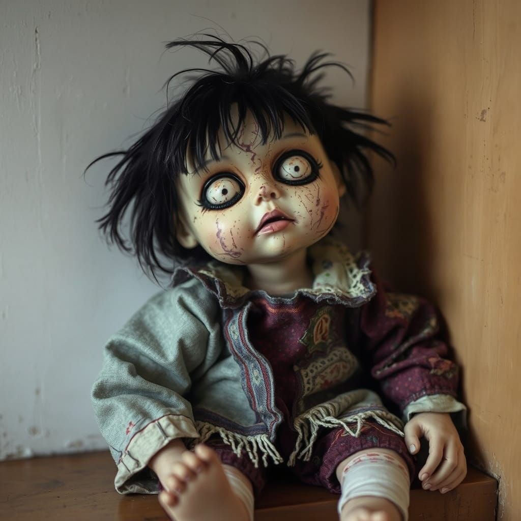 Creepy Doll on Shelf, Surrealist Illustration