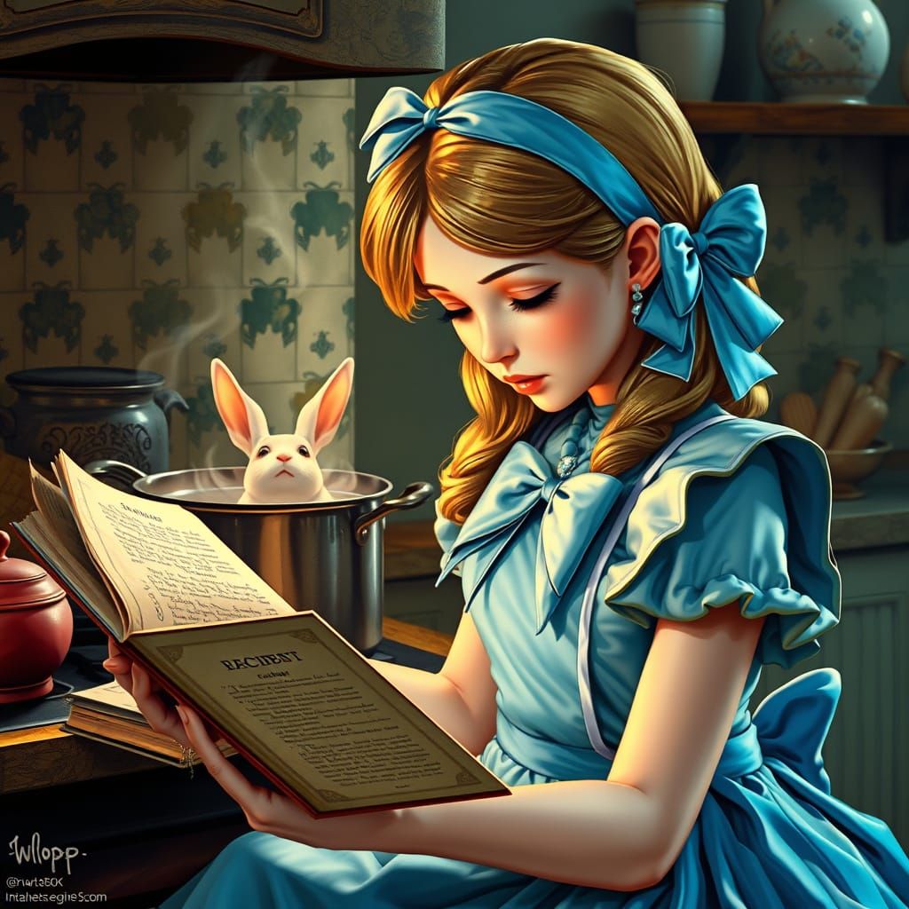 Alice Consults Cookbook in Art Nouveau Style