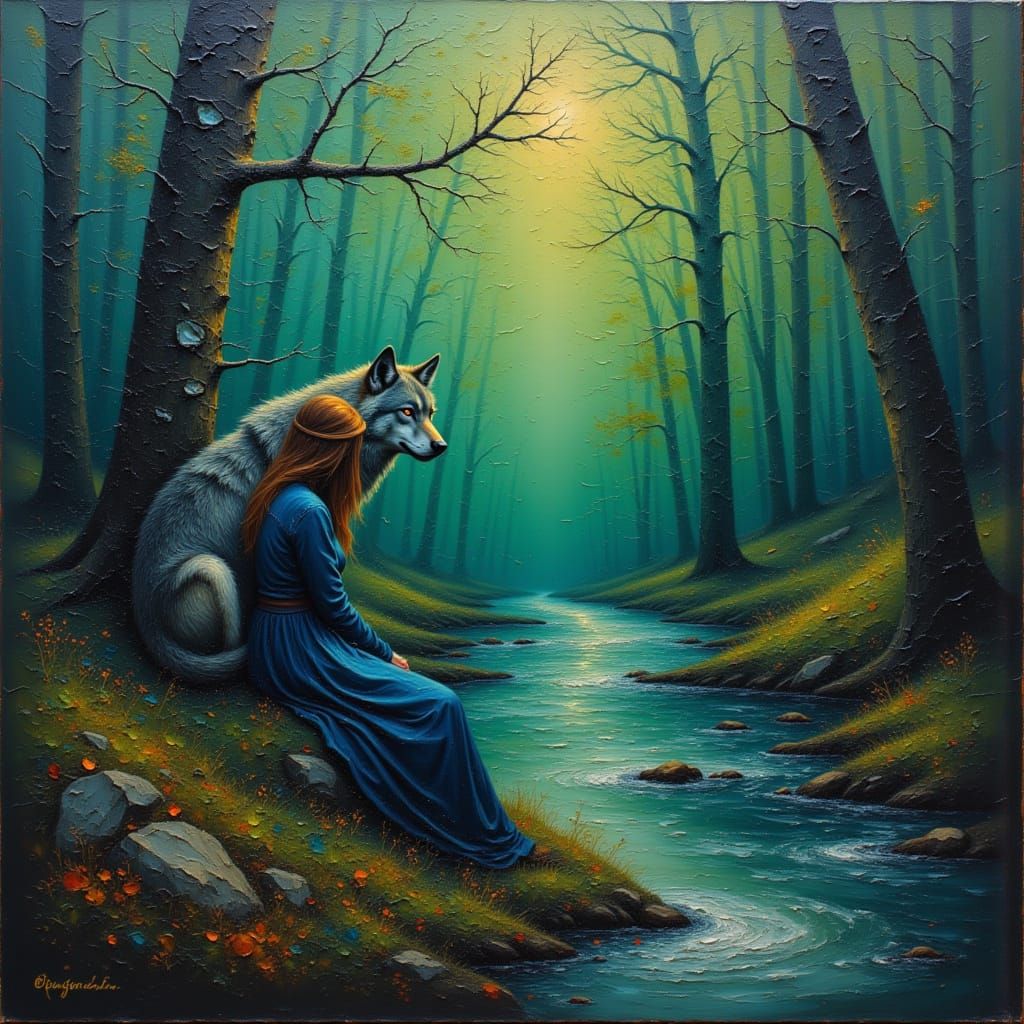 Wolf and Woman by River in Enchanted Forest, Cracked Oil Pai...