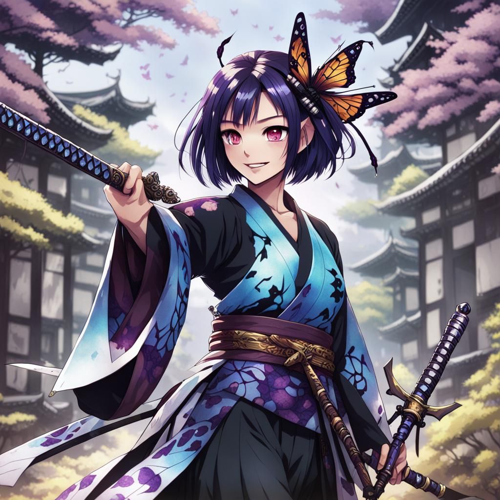 Anime Girl with Katana and Butterfly Ornament