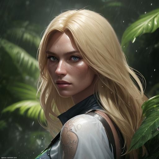 German Blonde in Jungle, Hyperdetailed Portrait