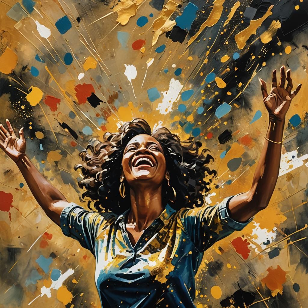 Joyful Black Woman: Impressionist Collage with Gold Splatter...