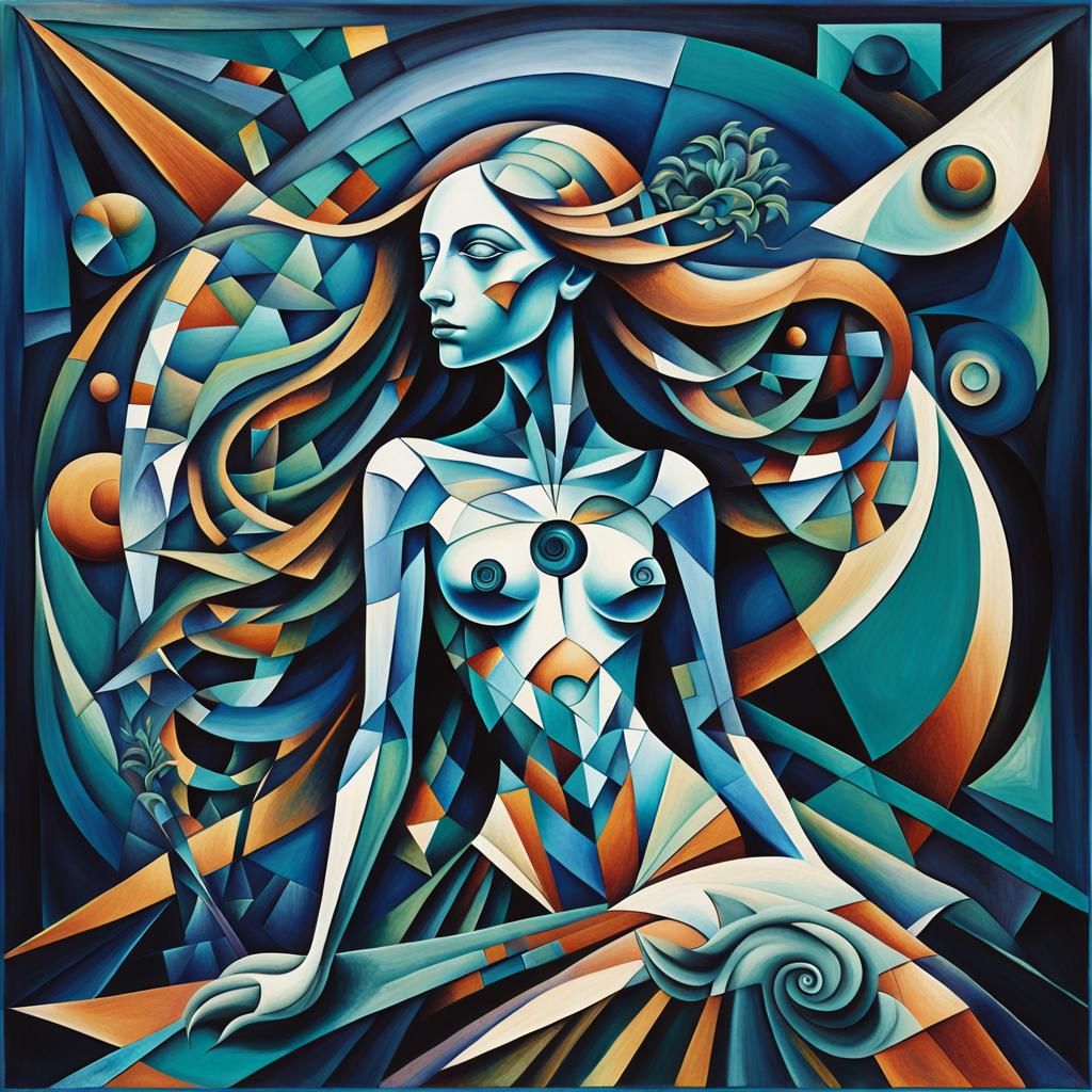 Cubist Mermaid Emerging from Fragmented Waters