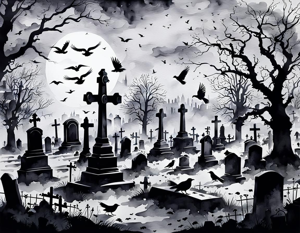 Haunted Graveyard with Crows in Watercolor Banksy Style