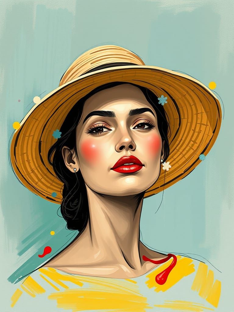Woman in Straw Sun Hat, Vibrant Abstract Background