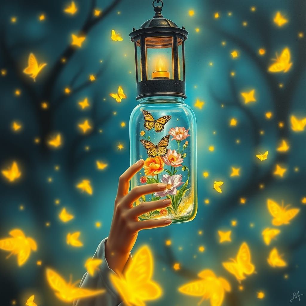 Woman with Jar of Flowers in Dreamscape Style