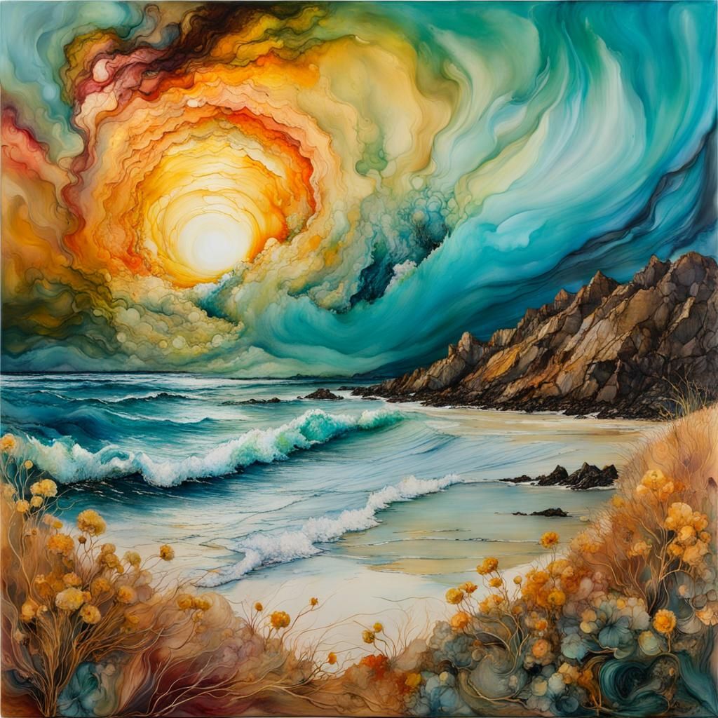 Encaustic Beach Sunset in Van Gogh Style