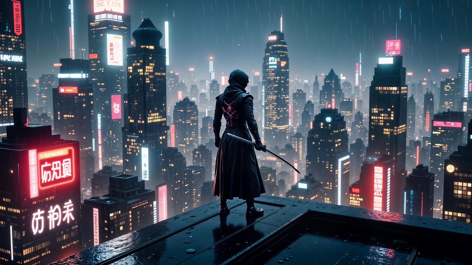 Cyberpunk Ninja Silhouette in Neon Cityscape