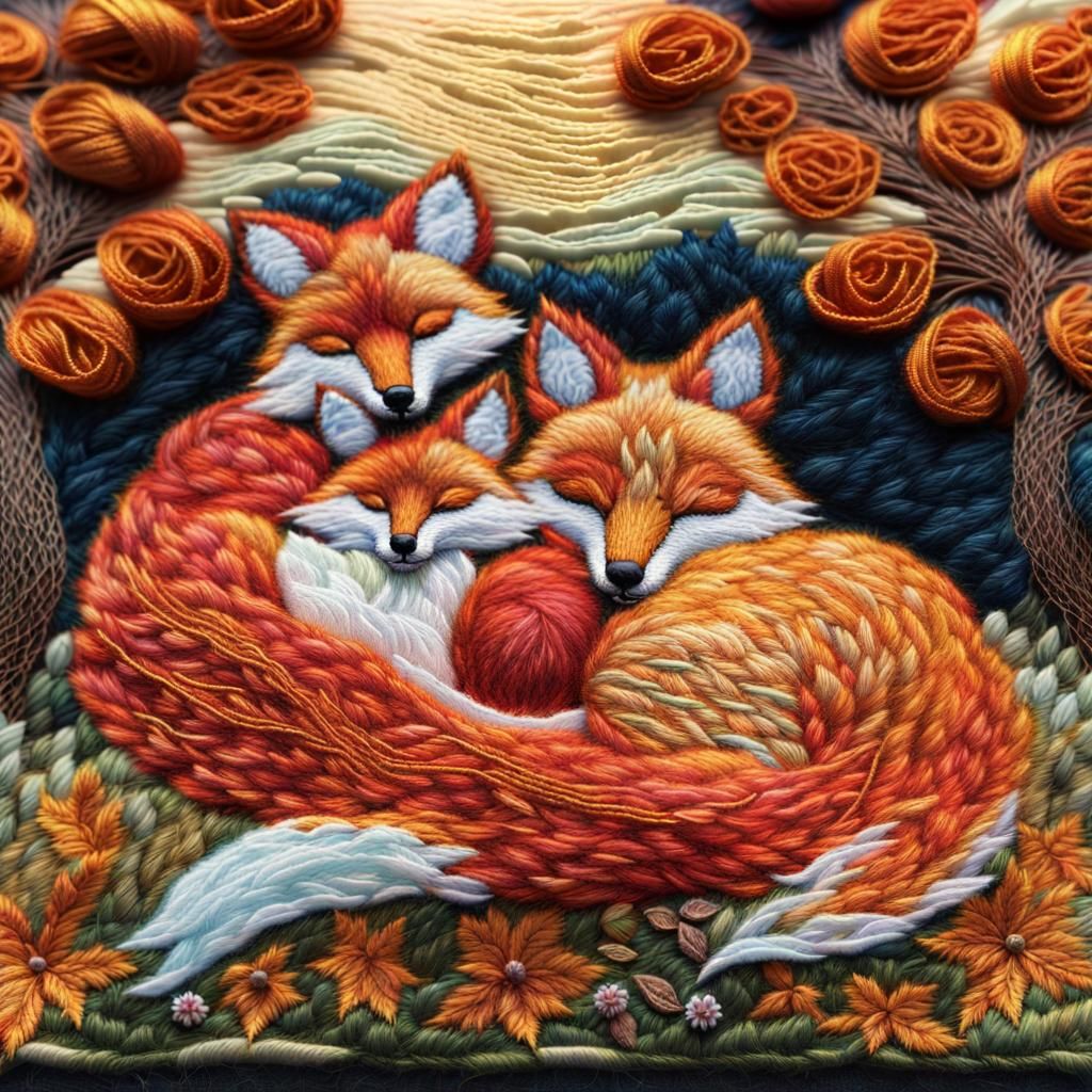 Embroidered Foxes Family in Autumnal Forest