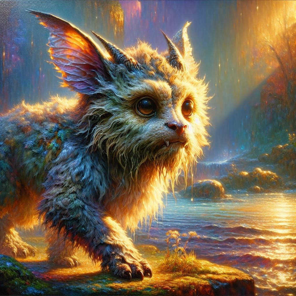 Wolpertinger in River: Oil Painting with Triadic Colors