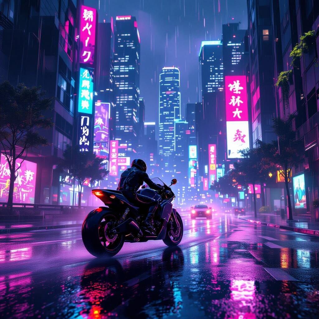 Cyberpunk Motorcyclist Speeds Through Futuristic City