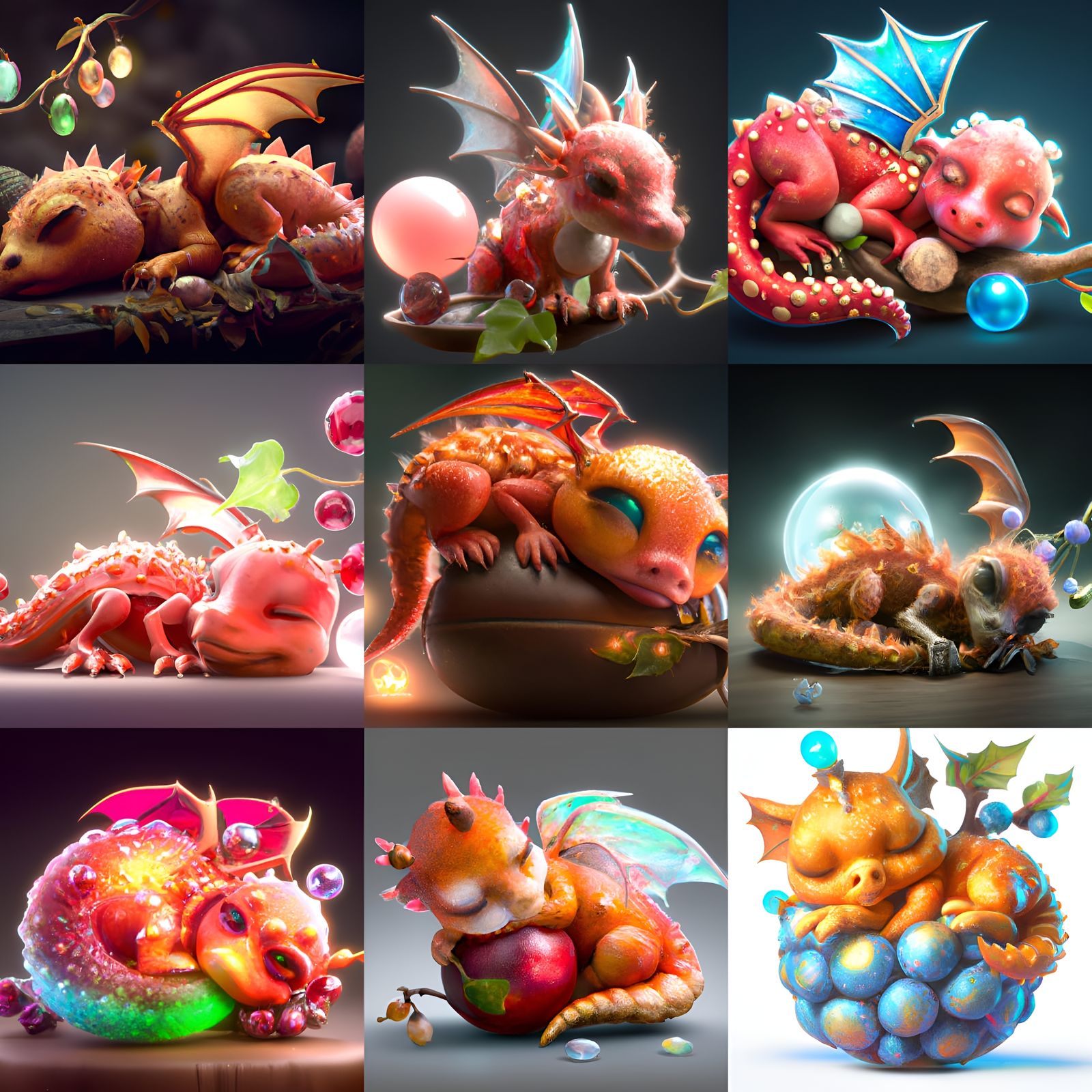 Sleepy Fire Dragon with Crystal Berries, 3D Render