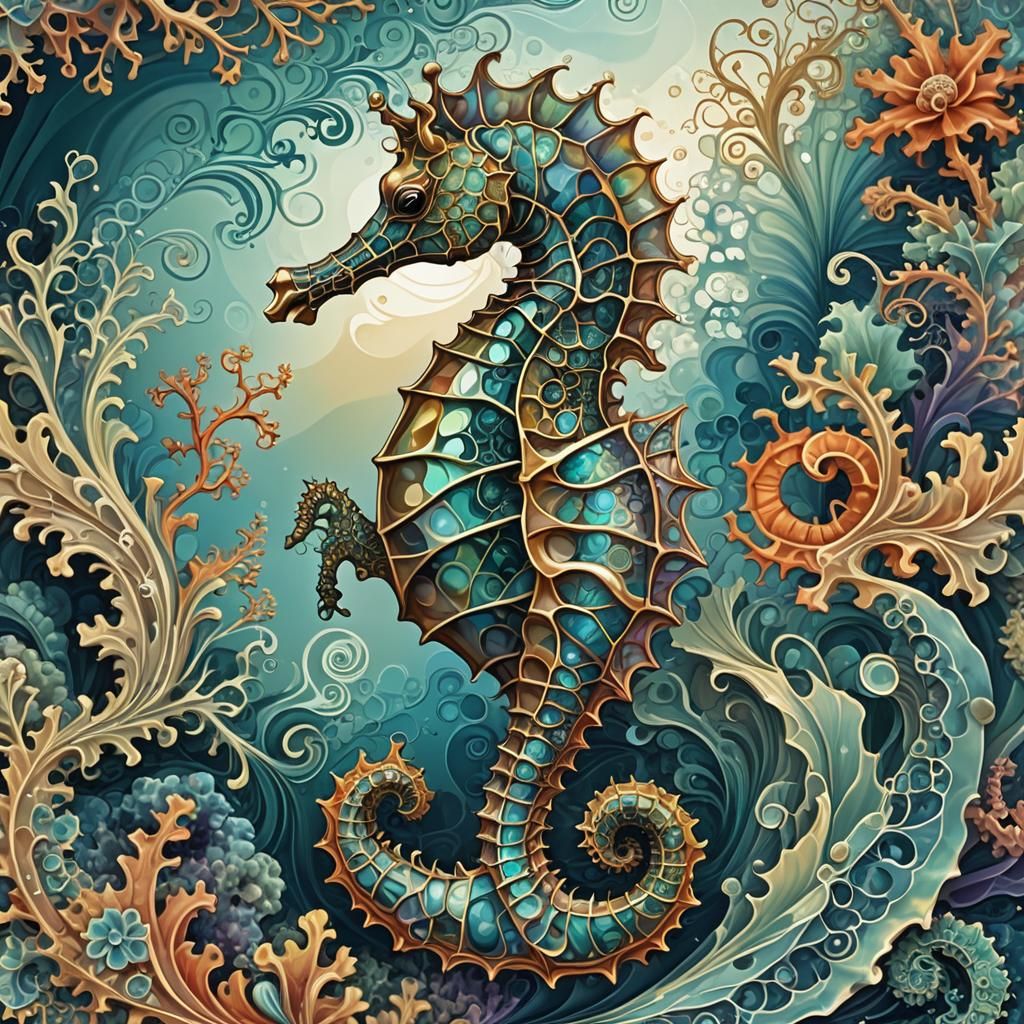 Iridescent Seahorse in Abstract Fractal Ocean