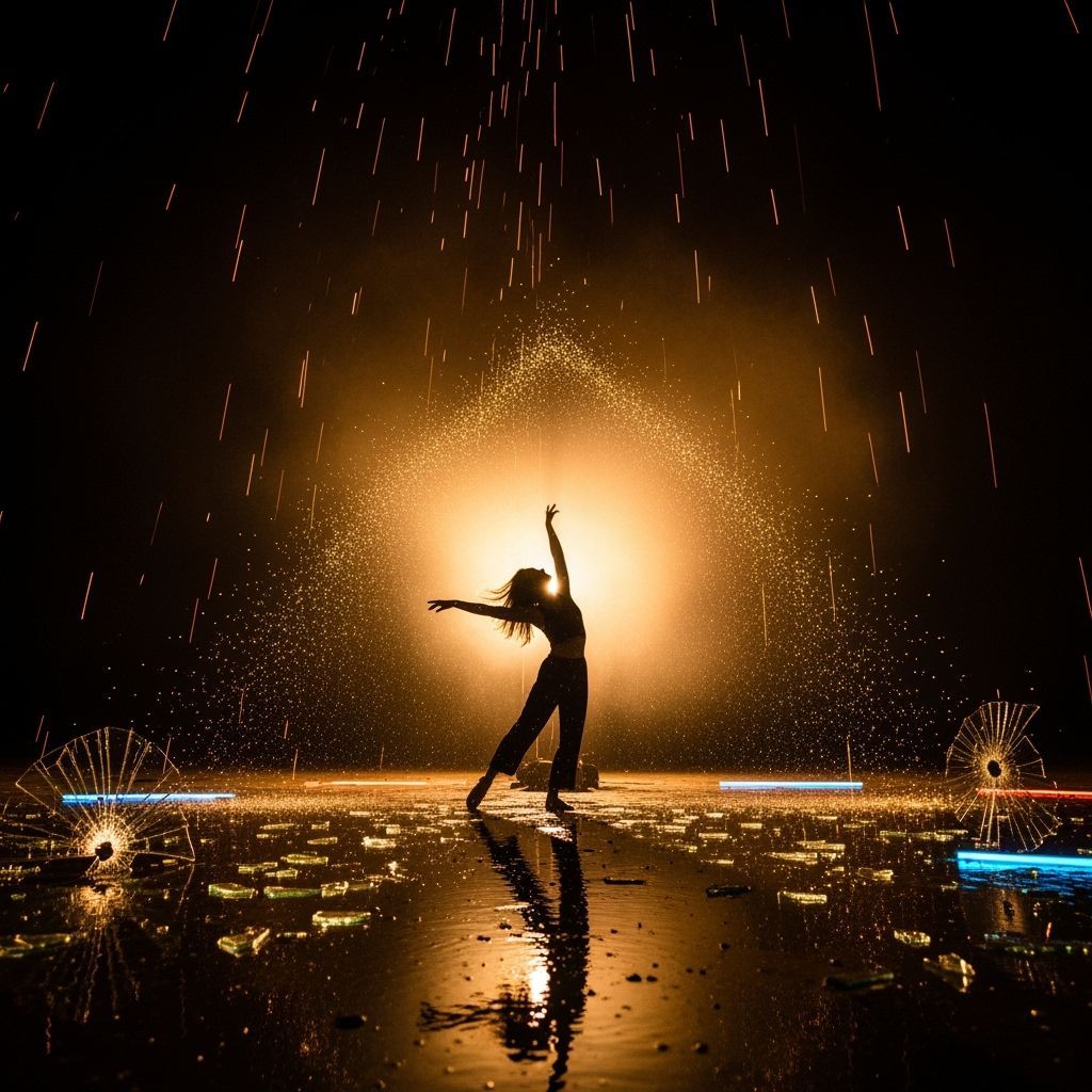 Dancer in Fire Rain Amidst Dust Storm