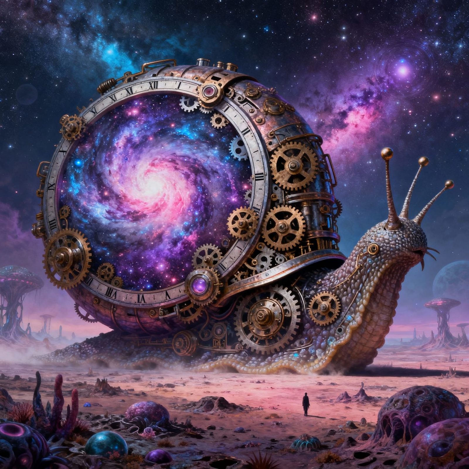 Mechanical Snail with Cosmic Shell on Alien World