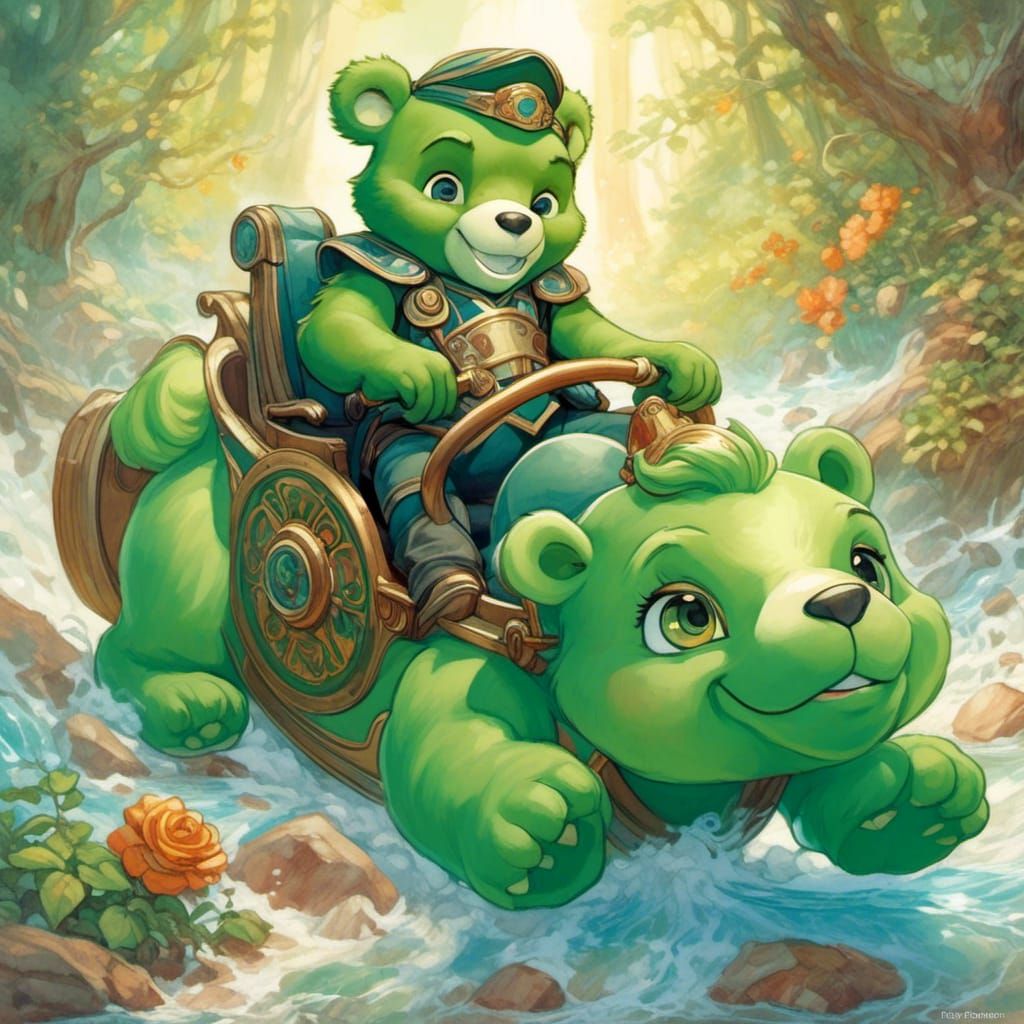 Loki Rides a Care Bear in Art Deco Watercolor
