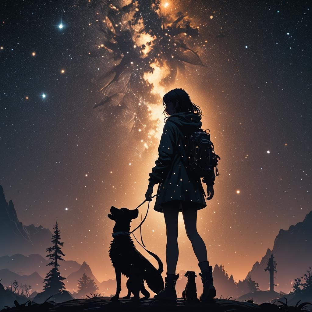 Girl and Dog Silhouettes Made of Stars