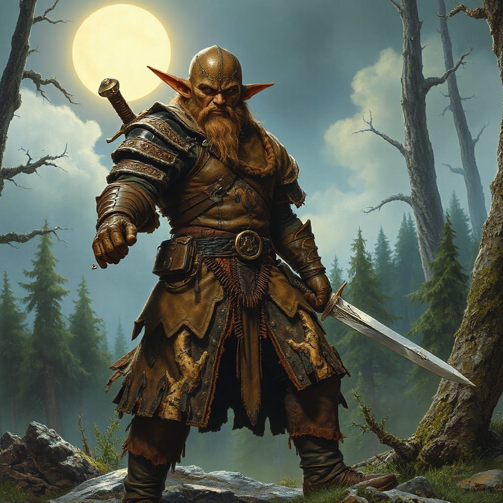Heroic Elf Warrior in Moonlit Forest, Fantasy Illustration