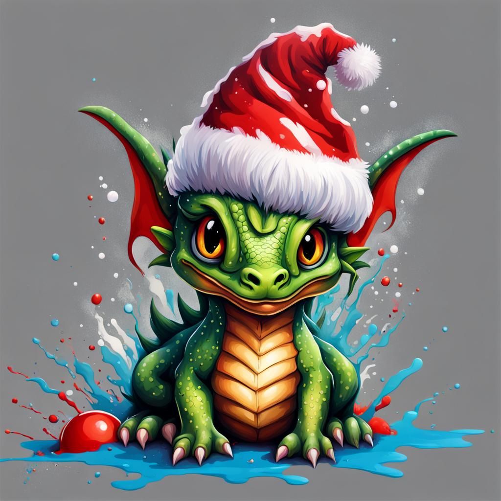 Baby Dragon in Santa Hat Graffiti Art