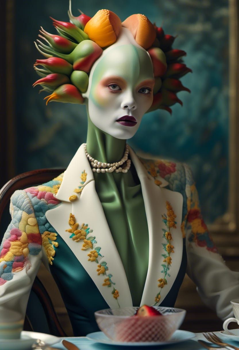 Alien at Lavish Table, Polychromatic Hyperrealism