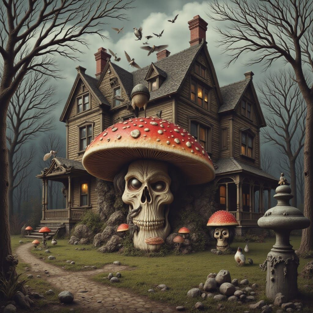Surreal Mushroom Attack Outside Victorian Mansion