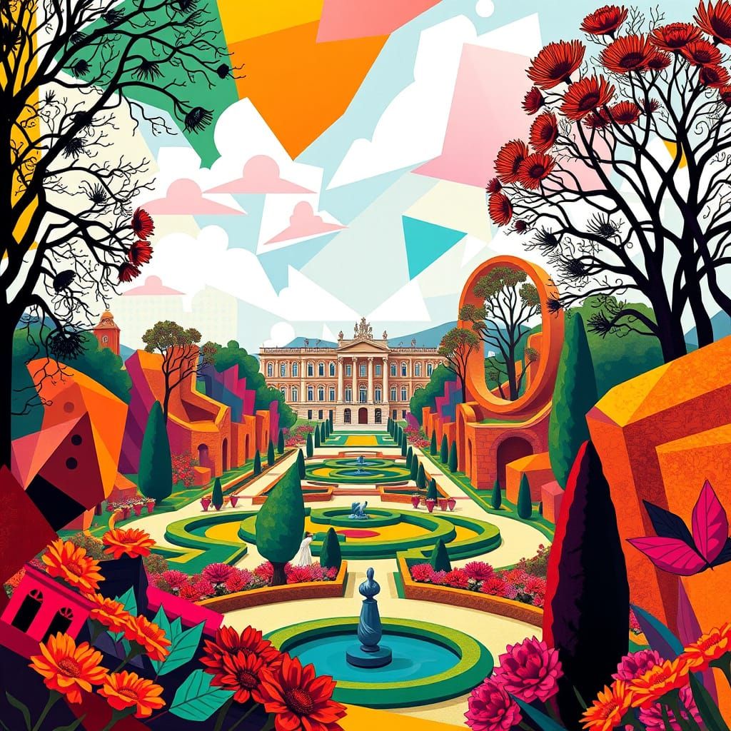 Versailles Gardens Reimagined in Vibrant Neo-Cubist Style