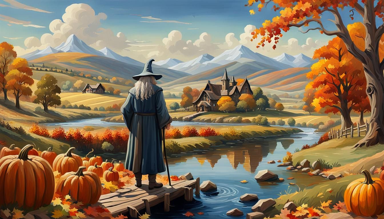 Gandalf in Autumn Landscape: Oil Painting