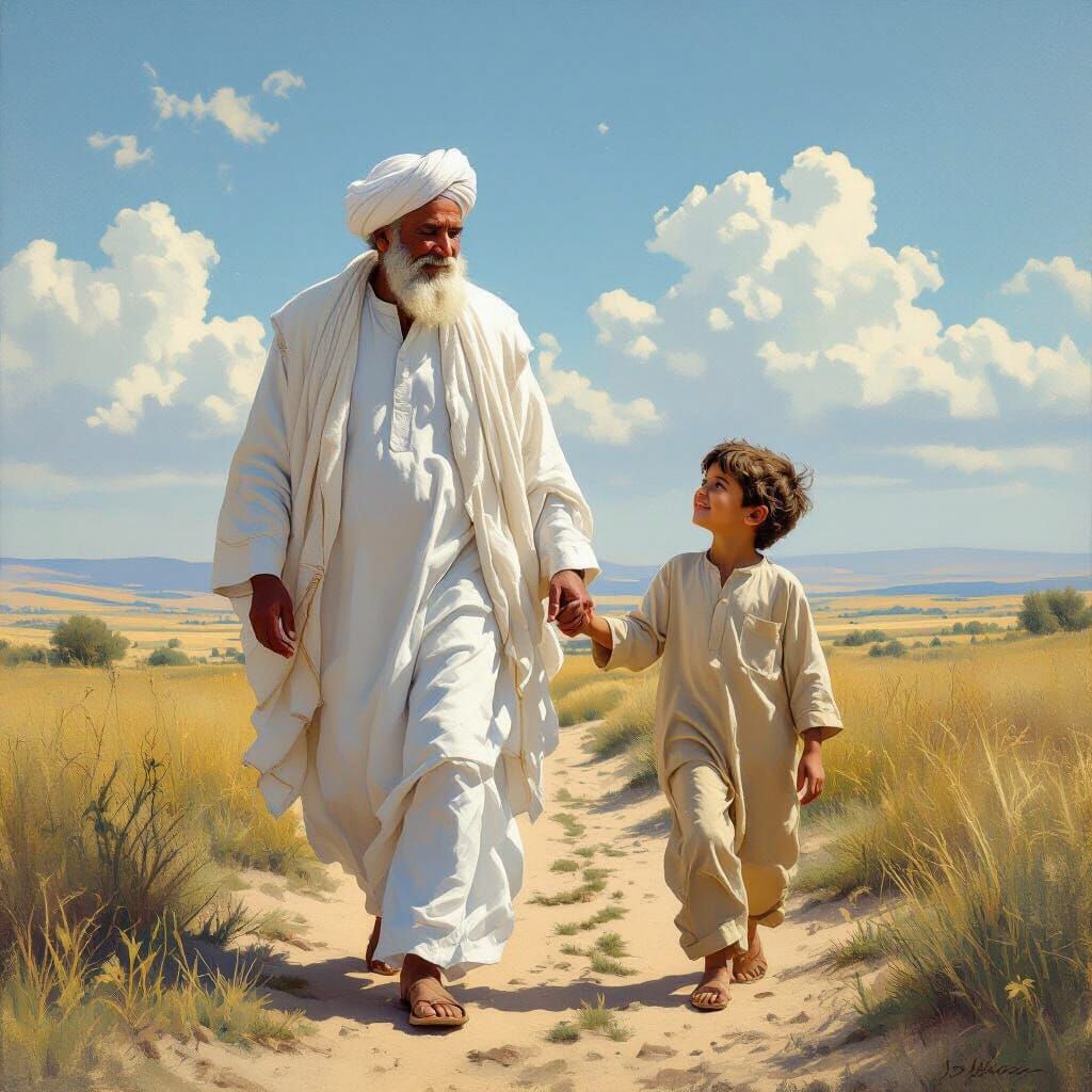 Elderly Man and Boy in Sunlit Landscape: Realistic Textures
