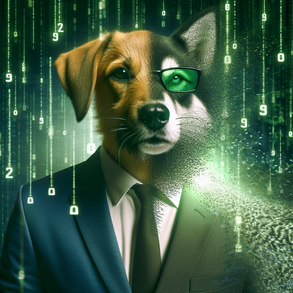 the fusion of a dog and agent Smith of Matrix, matrix code around in background cyberspace storm