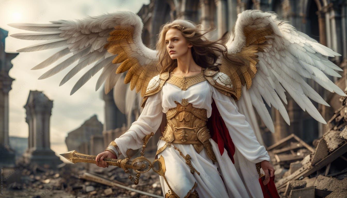 Angel of Freedom Over War-Torn City