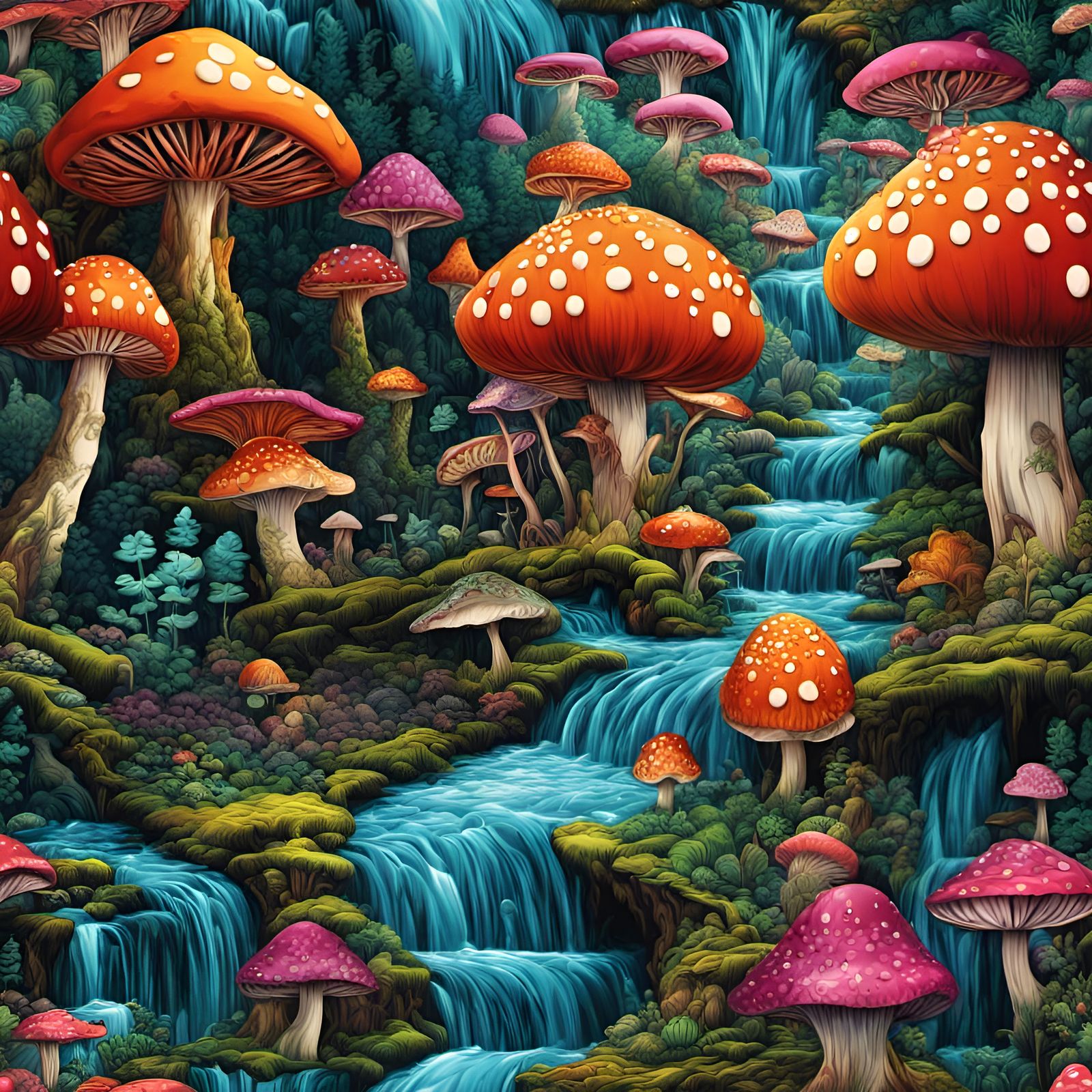 Psychedelic Mushroom Forest with a Waterfall