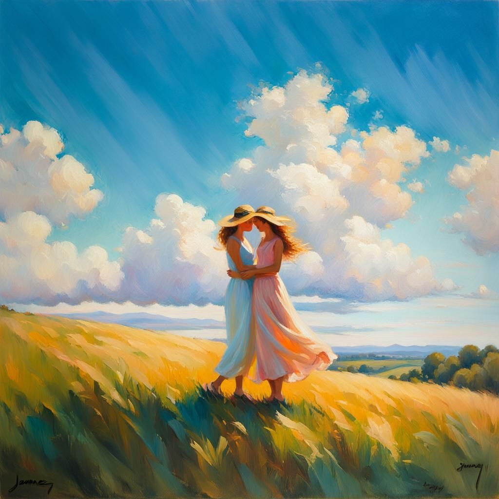 Idyllic Impressionist Painting of Two Women Embracing