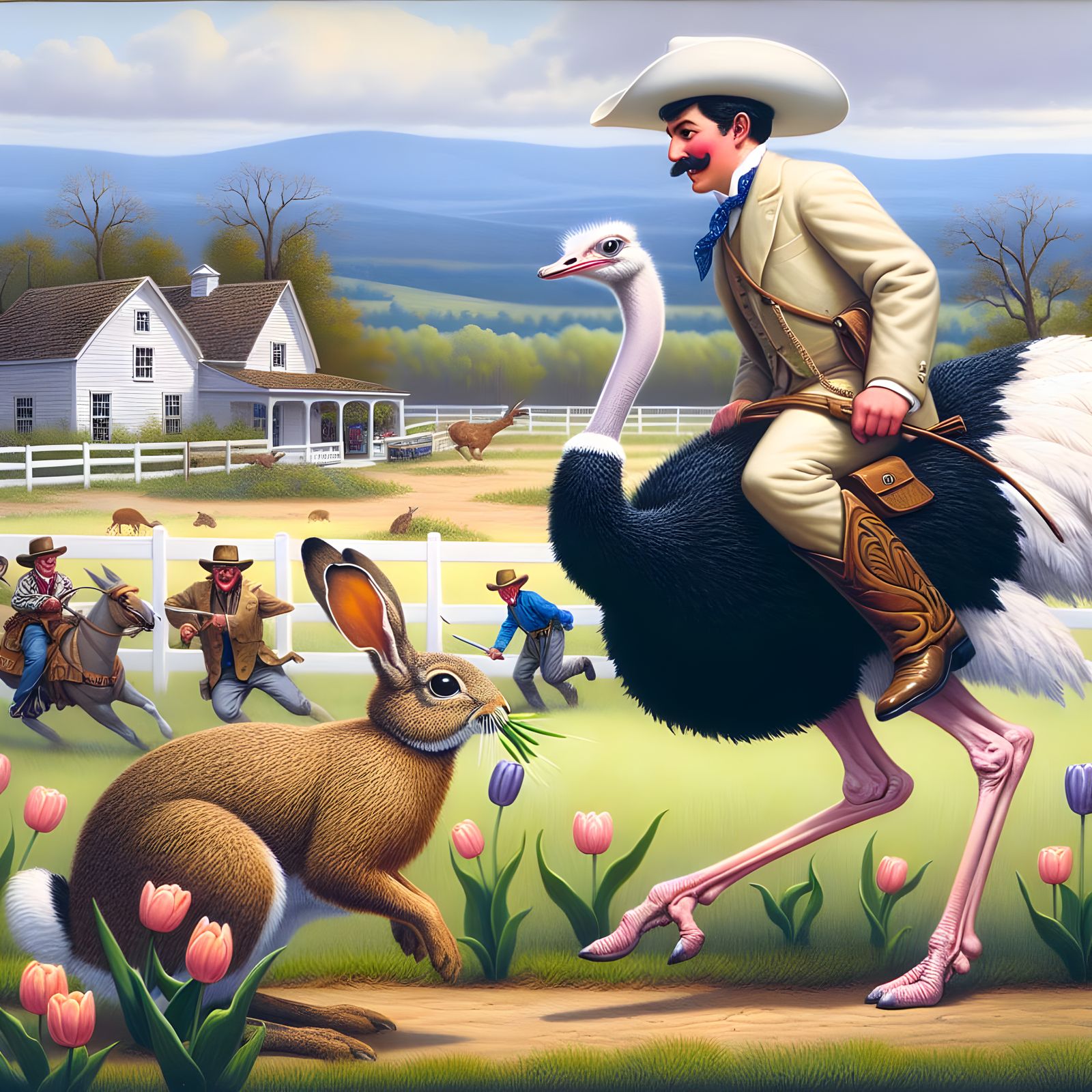 Cowboy Rides Ostrich to Catch Jackrabbit