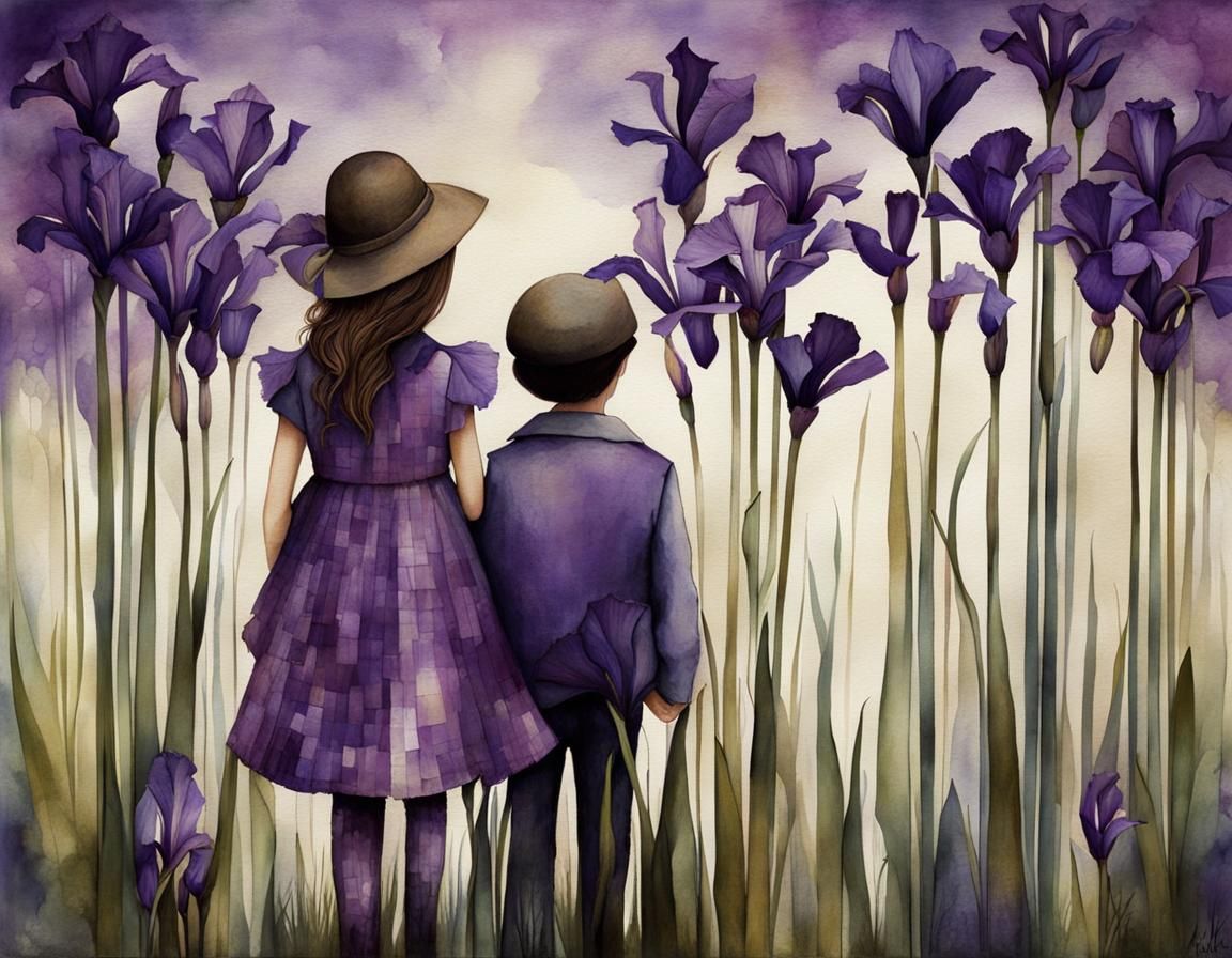 Whimsical Purple Irises Illustration with Cubist Details