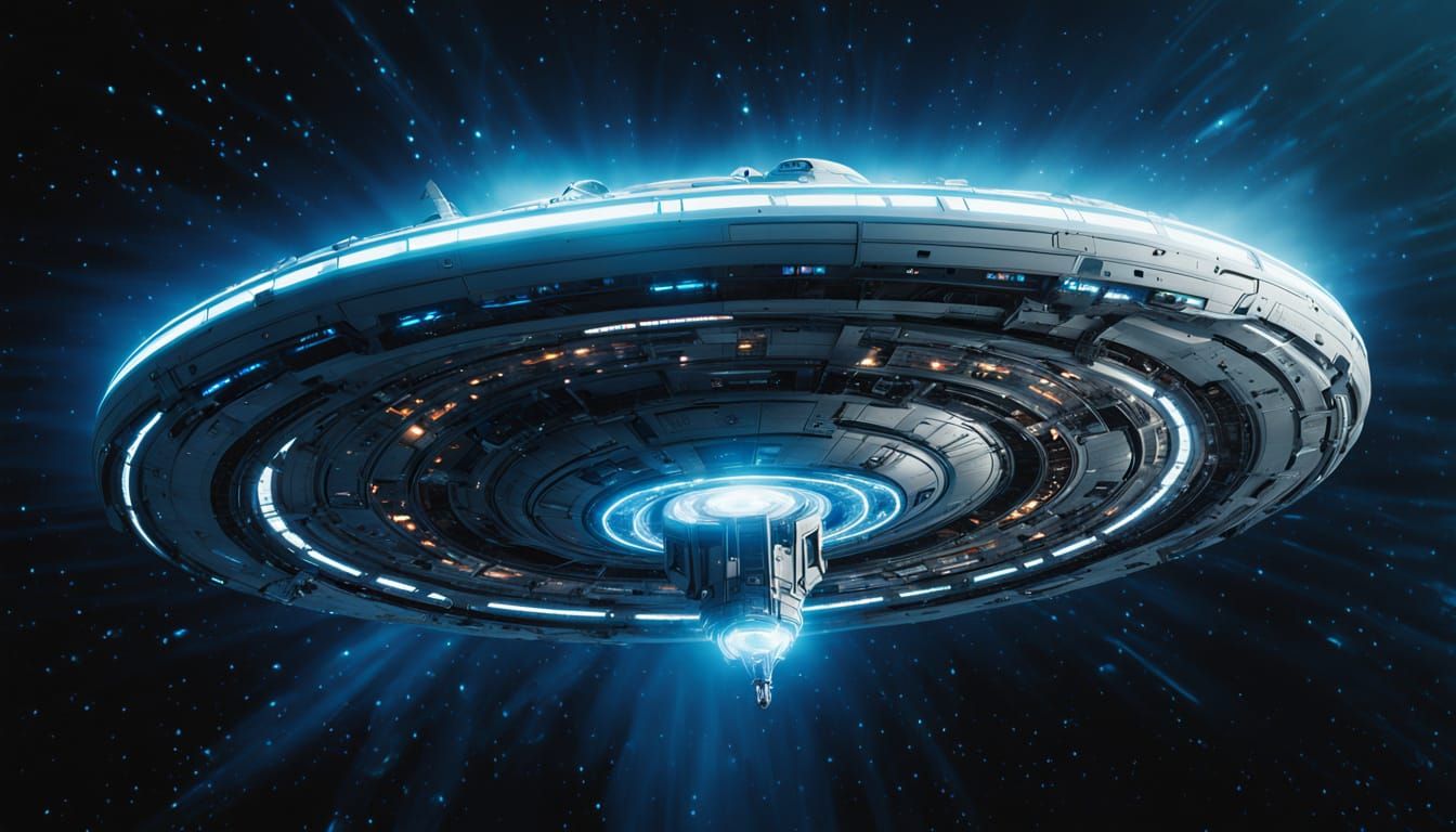 Futuristic Spaceship Hovers Over Cosmic Vortex