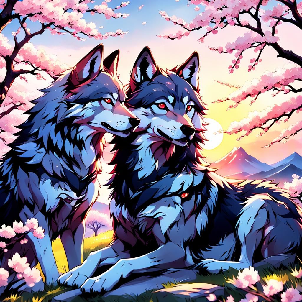 Anime Wolves Under Cherry Blossom Tree