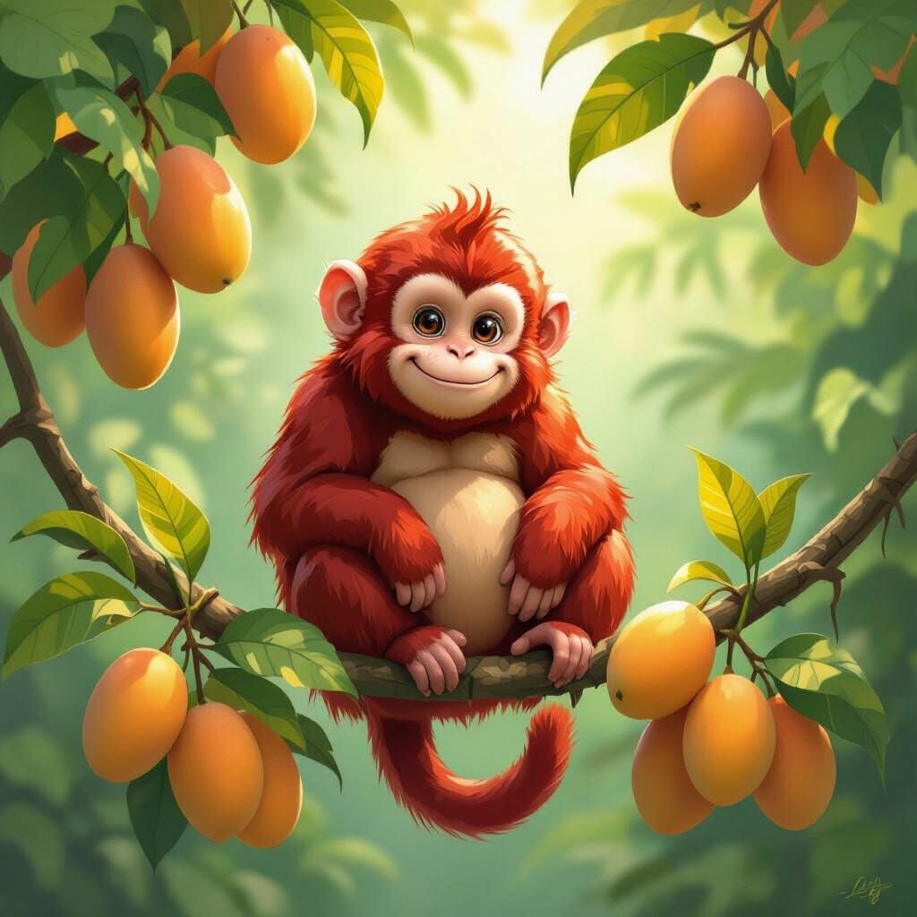 Plump Red Monkey Eats Mangoes in Dappled Sunlight