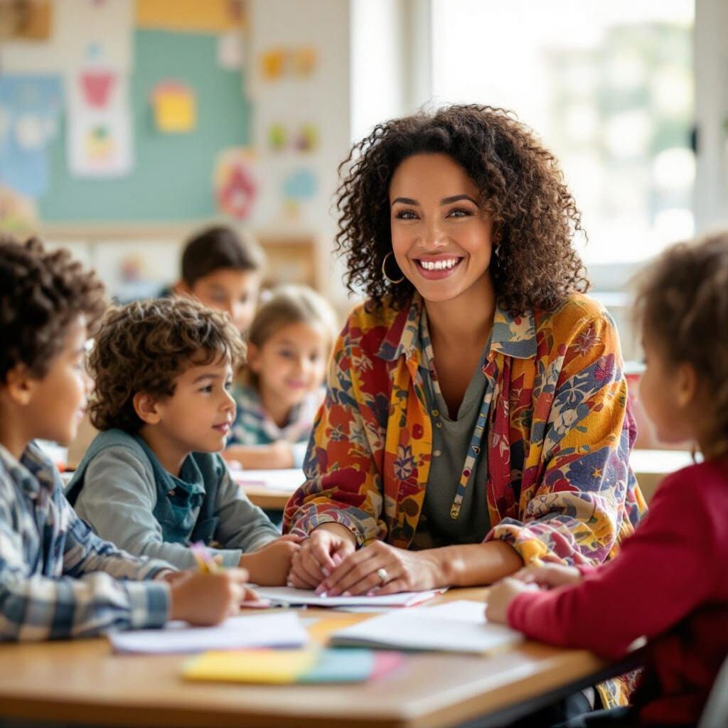 Smiling Teacher Helps Child in Bright Classroom