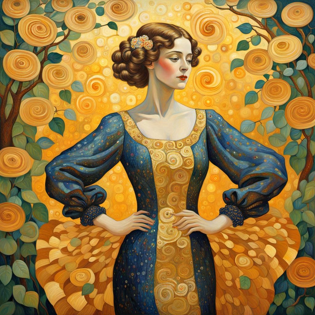 Golden Garden: Lady in Klimt-Inspired Post-Impressionism