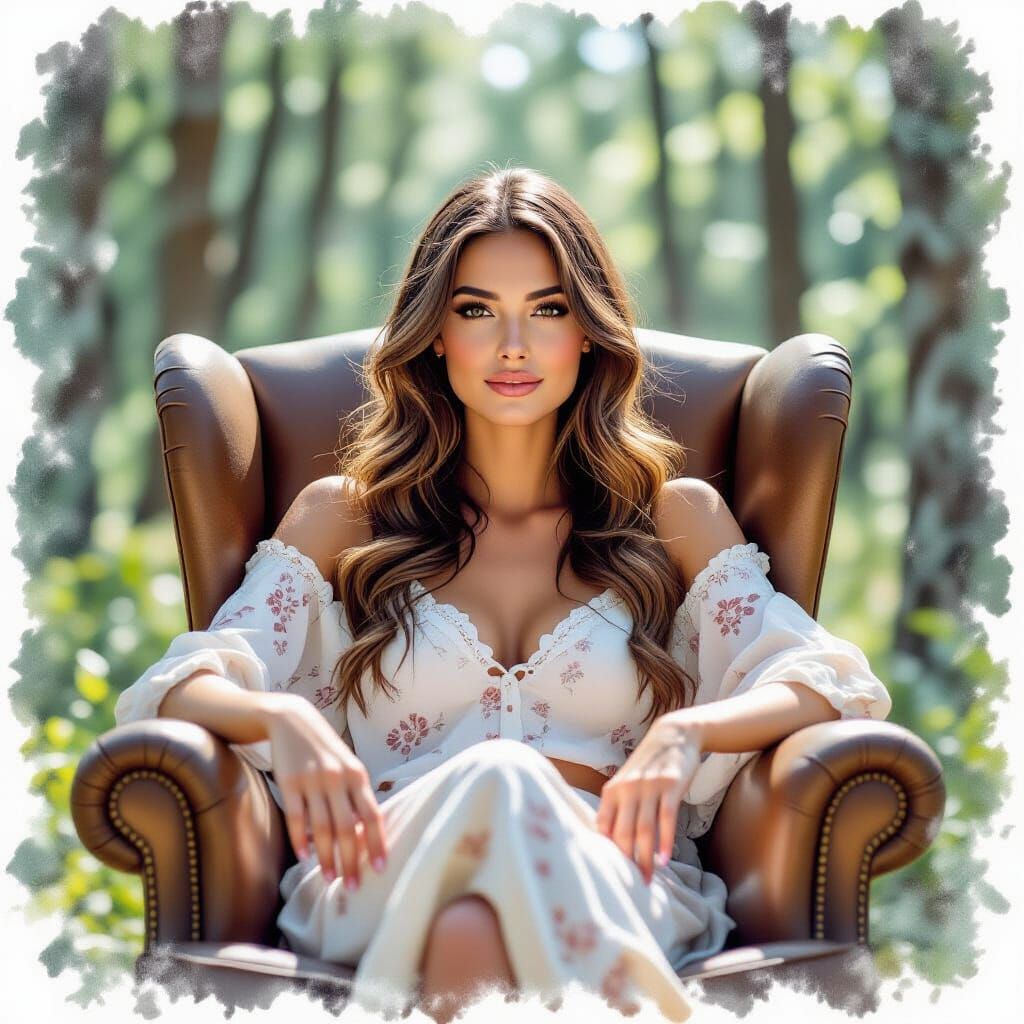 Watercolor Portrait of Woman in Forest Armchair